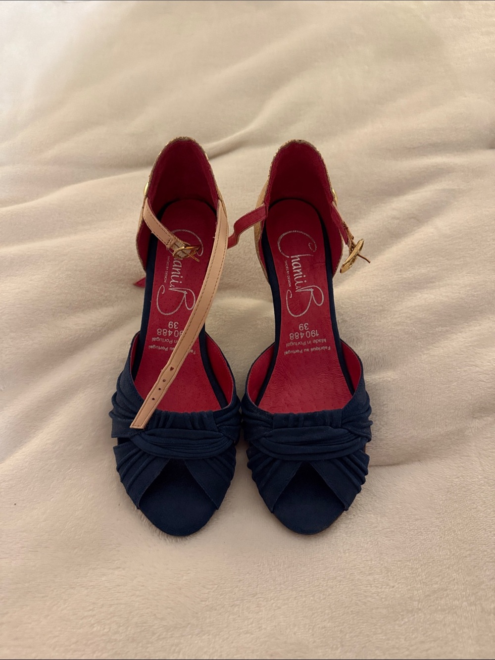 Navy Open-Toe Heels with Cream Ankle Straps and Cream Patent Heel.